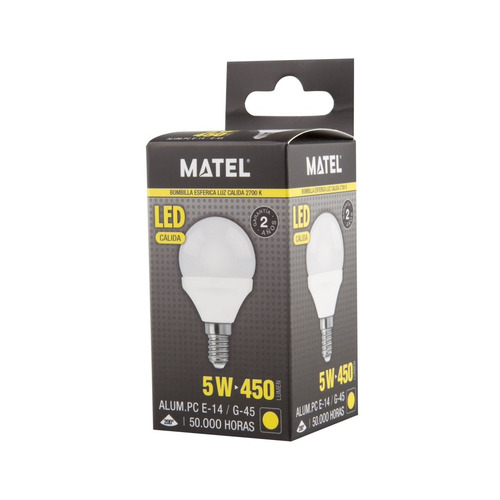 BOMBILLA LED ESFERICA E14 5W CALIDA MATEL