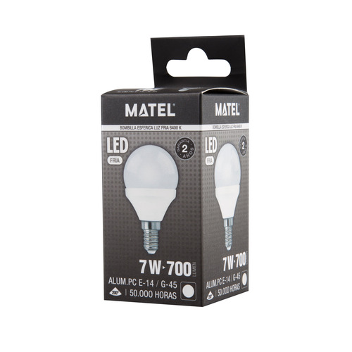 BOMBILLA LED ESFERICA E14 7W FRIA MATEL