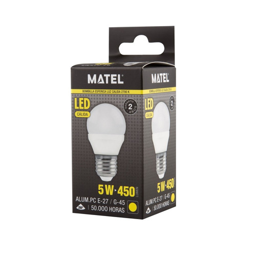 BOMBILLA LED ESFERICA E27 5W CALIDA MATEL