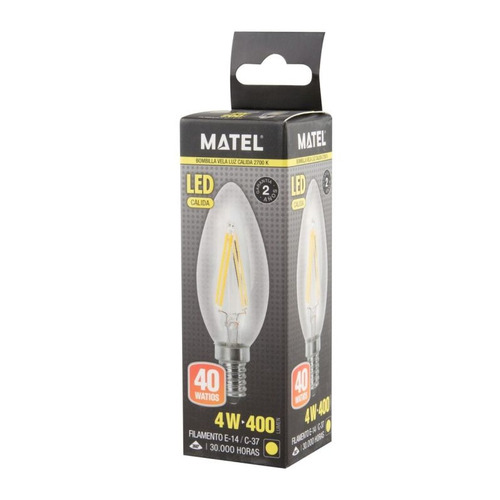 BOMBILLA LED VELA FILAMENTO E14 4W CALIDA MATEL