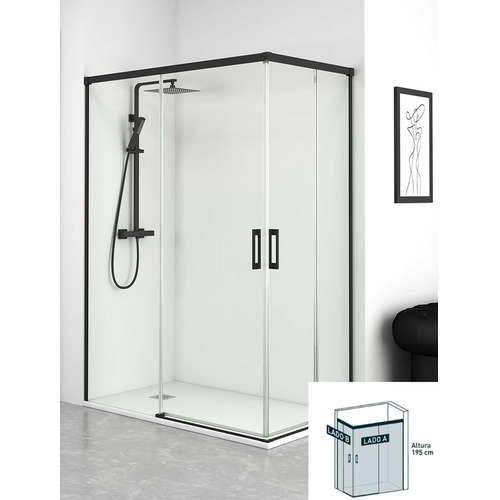 YAIZA MAMPARA APERURA ESQUINA NEGRO TRANSPARENTE 100x70 6mm