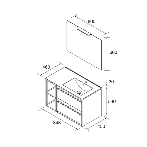 SALGAR ATTILA CONJUNTO COMPLETO CON LAVABO DESPLAZADO DERECHA ROBLE AFRICA 85 CM