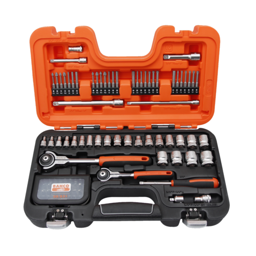 JUEGO 91 VASOS 1/4 Y 3/8 PERFIL HEX MÉTRICO Y CARRACA DE CABEZA DELGADA BAHCO