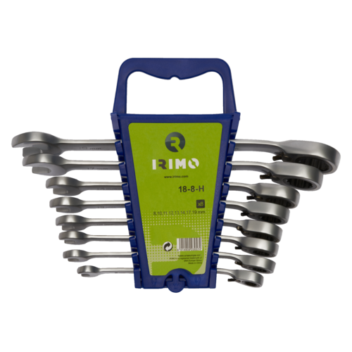 JUEGO 8 LLAVES COMBINADAS CON CARRACA Y SOPORTE 18-8-H IRIMO