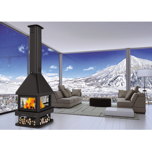 HUELVA CHIMENEA CENTRAL 4 CRISTALES CON LEÑERO Y DOBLE PUERTA 20KW BRONPI