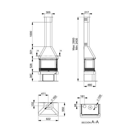 LISBOA 3 CRISTALES VISION CHIMENEA CON LEÑERO Y TURBINA 13KW BRONPI