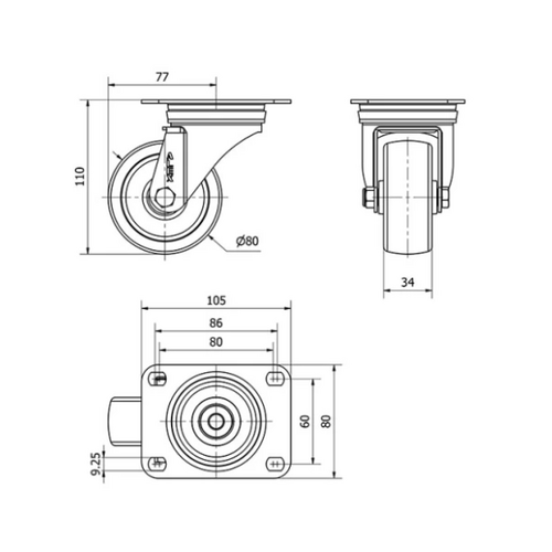 RUEDA GIRATORIA 2-02035 NYLON 80mm 180KG ALEX